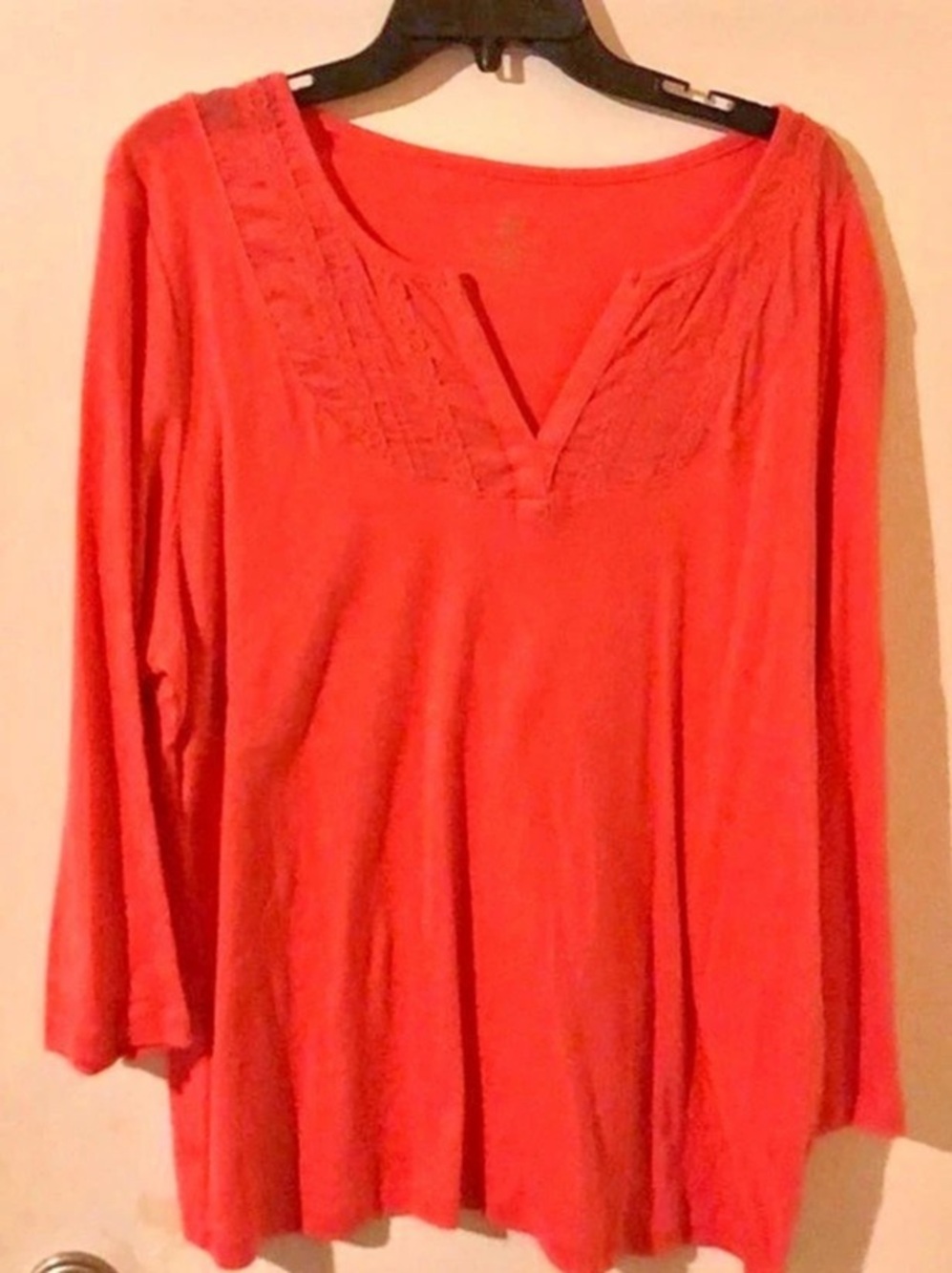 Faded, glory Tonal Lace Print Notch Neck 3/4 Sleeve Top Red